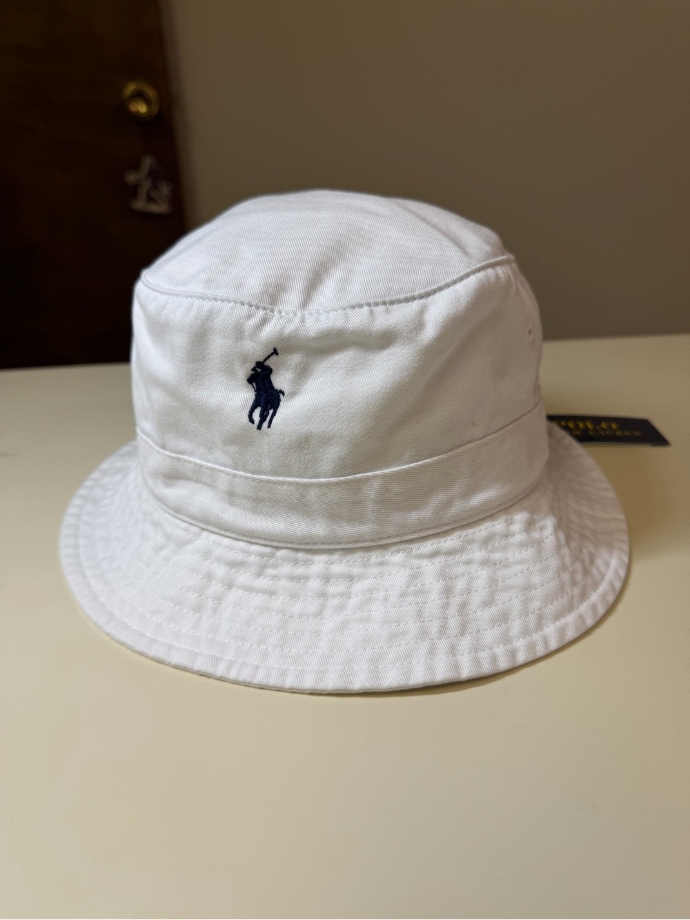 Polo by Ralph Lauren White Bucket Hat with Navy Pony Logo